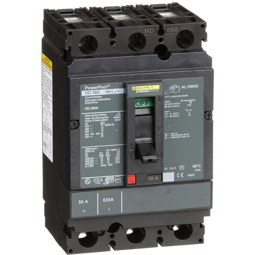 Square D HDL36050 Circuit Breaker | 600V 50A 3P 18kA@480V Bolt-On Powerpact