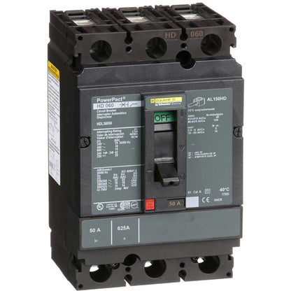 Square D HDL36050 Circuit Breaker | 600V 50A 3P 18kA@480V Bolt-On Powerpact
