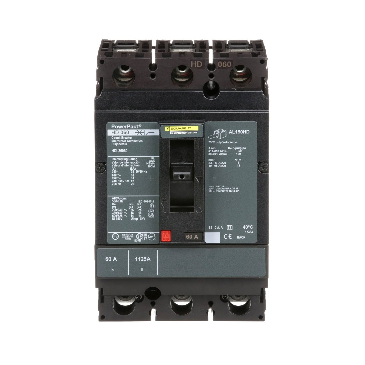 Square D HDL36060 Circuit Breaker | 600V 60A 3P 18kA@480V Bolt-On Powerpact