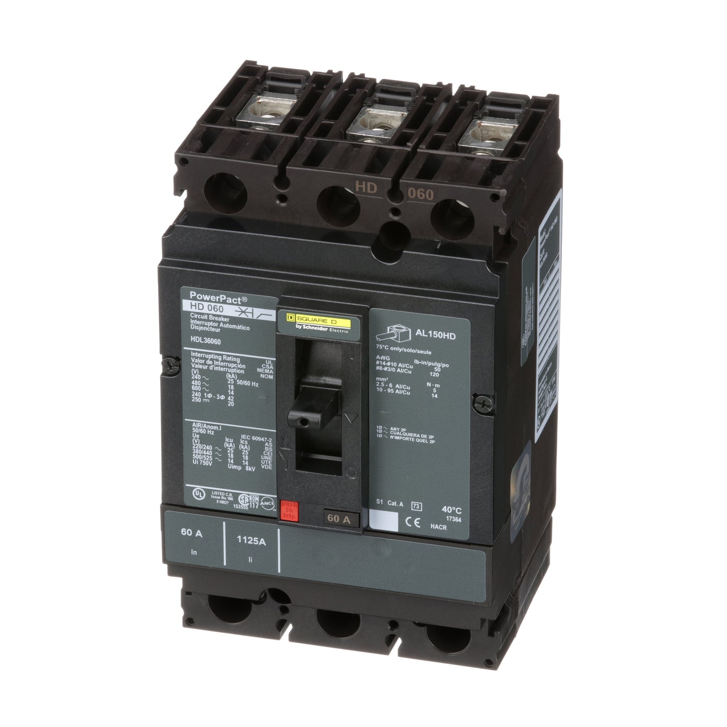 Square D HDL36060 Circuit Breaker | 600V 60A 3P 18kA@480V Bolt-On Powerpact