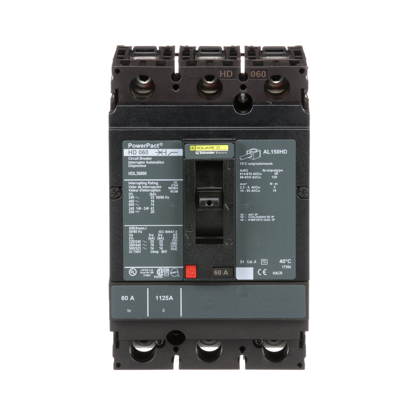 Square D HDL36060 Circuit Breaker | 600V 60A 3P 18kA@480V Bolt-On Powerpact