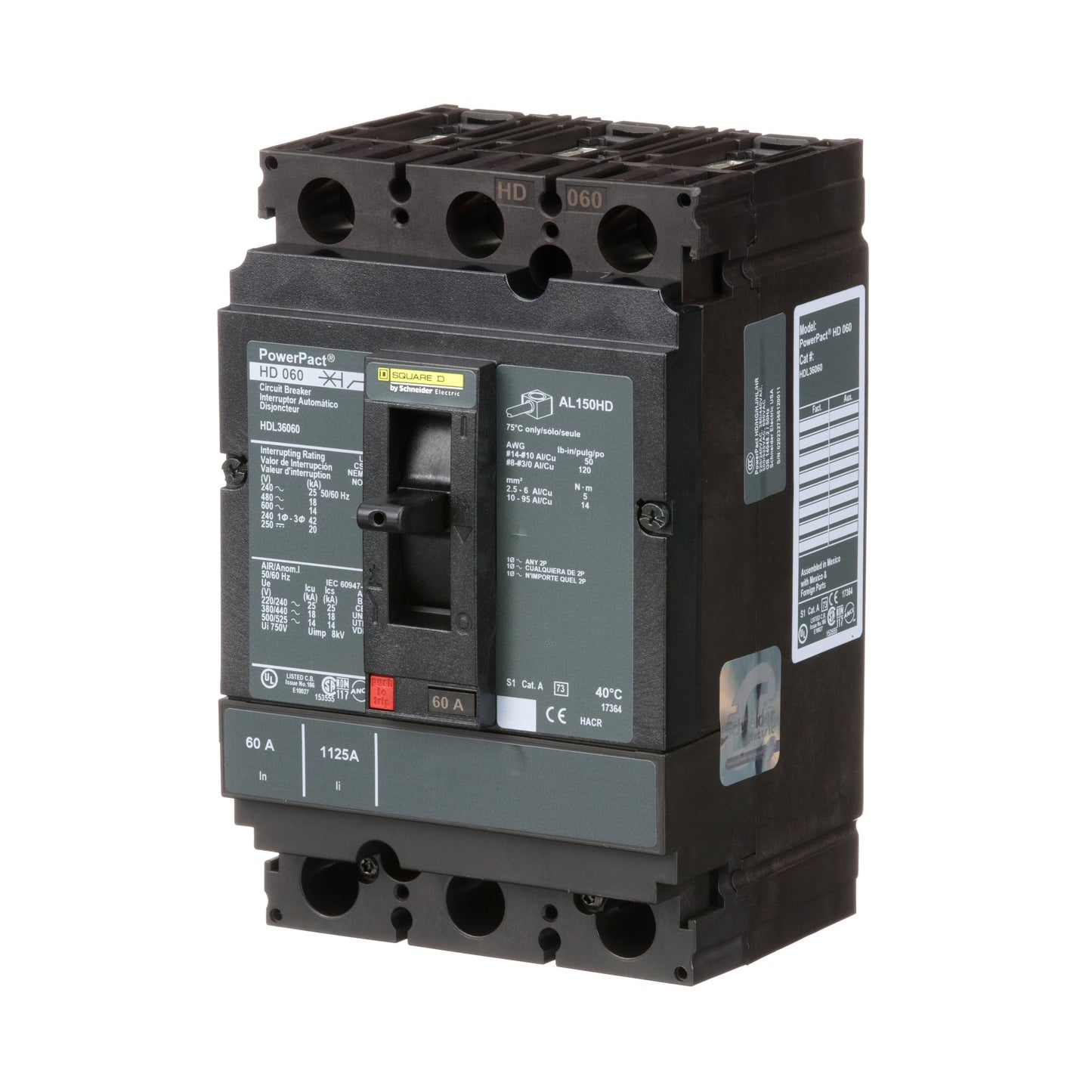 Square D HDL36060 Circuit Breaker | 600V 60A 3P 18kA@480V Bolt-On Powerpact