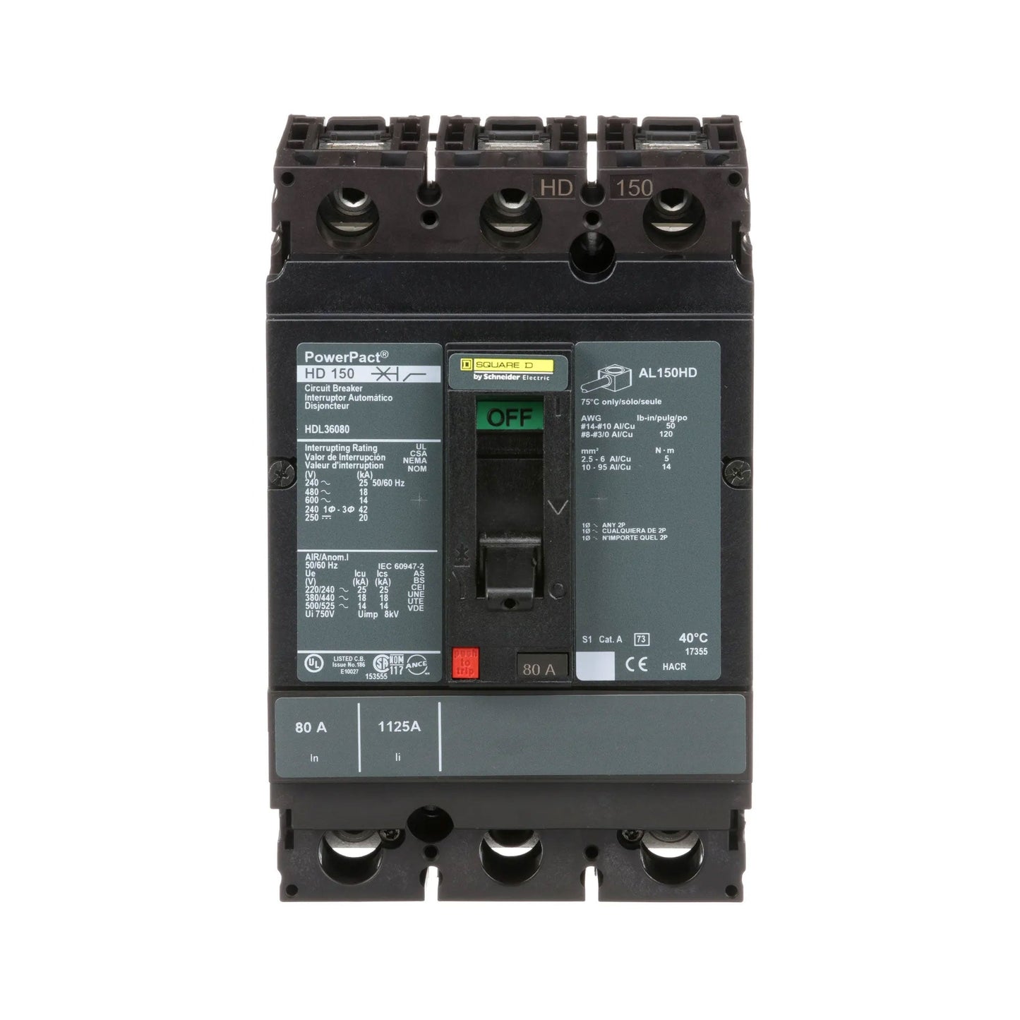 Square D HDL36080 Circuit Breaker | 600V 80A 3P 18kA@480V Bolt-On Powerpact