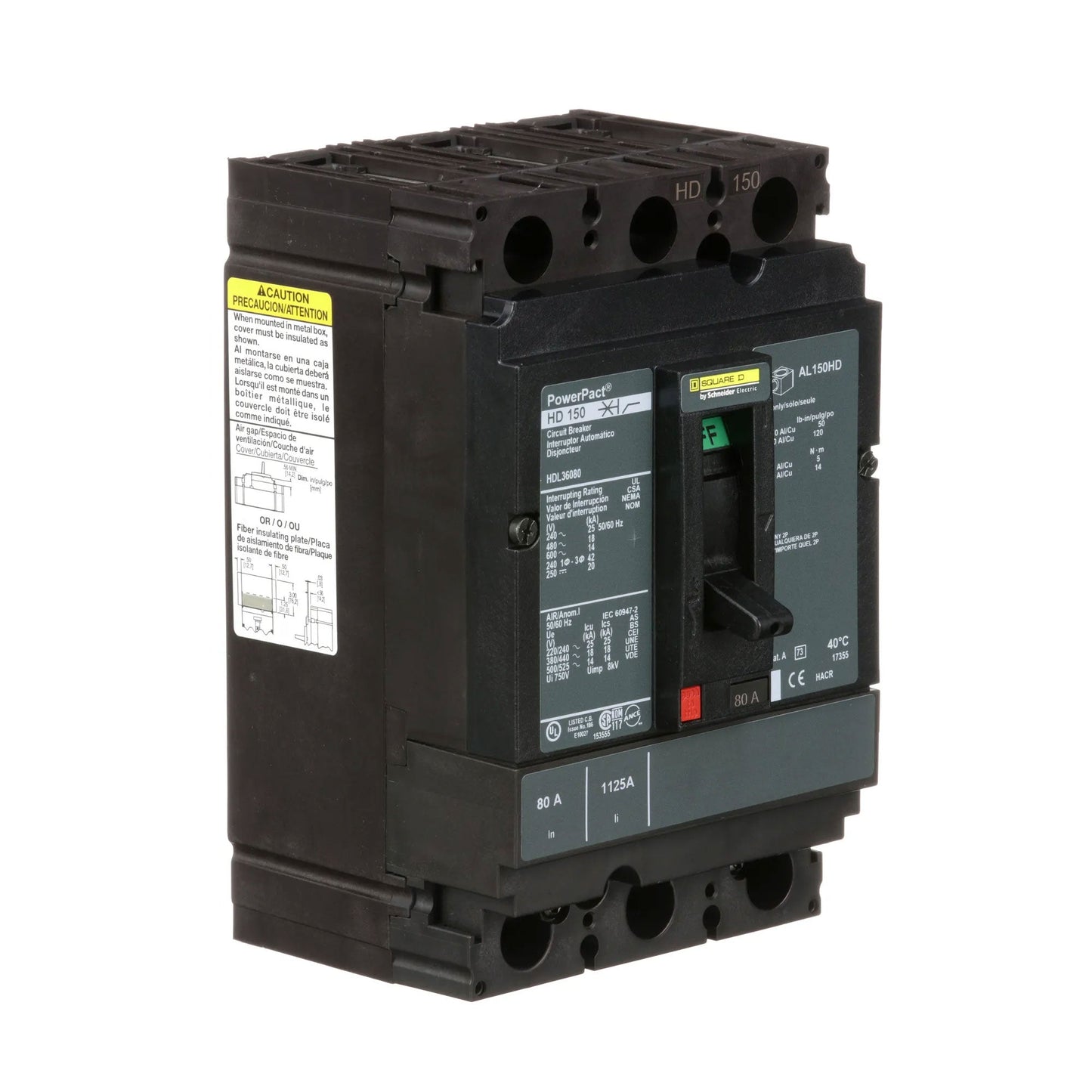 Square D HDL36080 Circuit Breaker | 600V 80A 3P 18kA@480V Bolt-On Powerpact