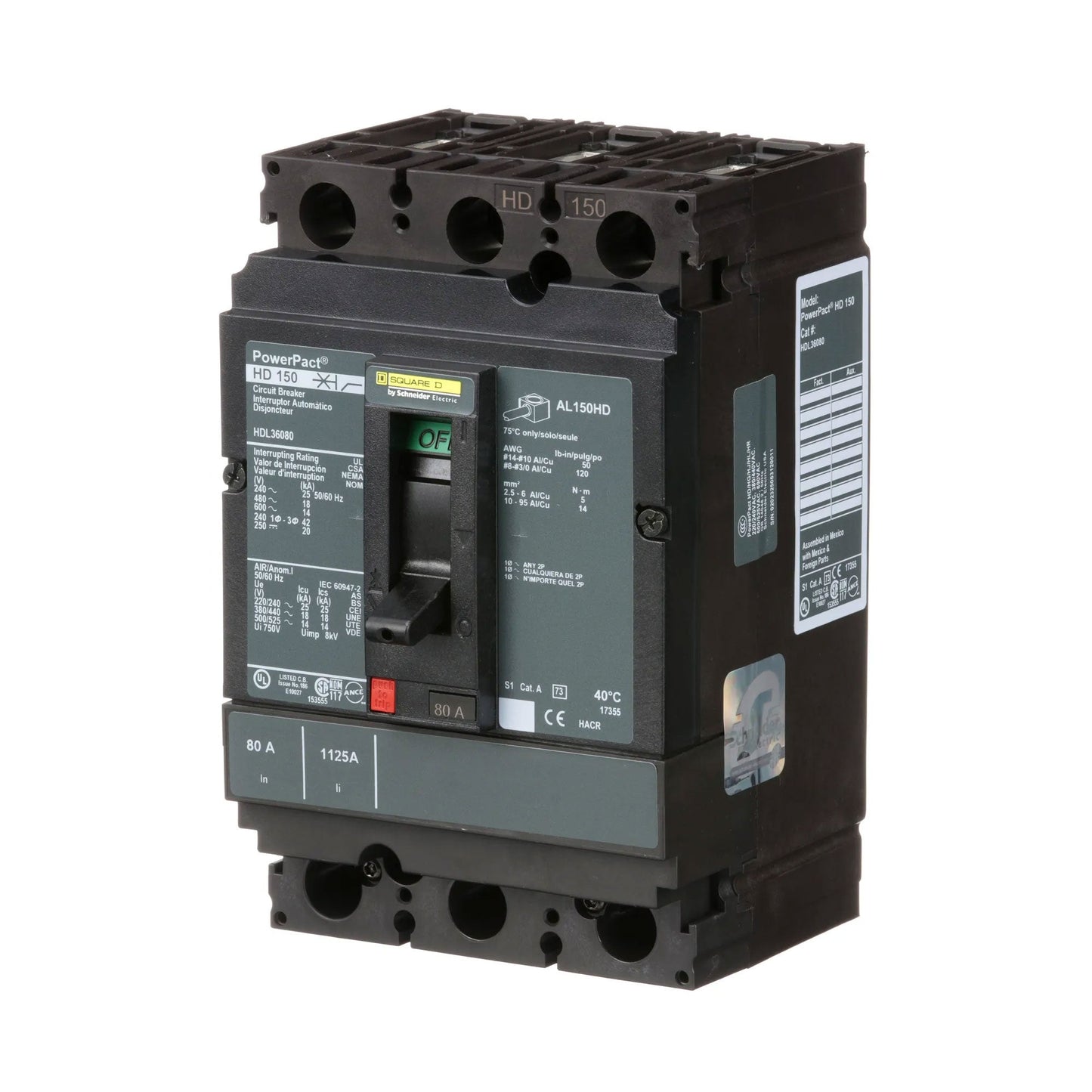 Square D HDL36080 Circuit Breaker | 600V 80A 3P 18kA@480V Bolt-On Powerpact