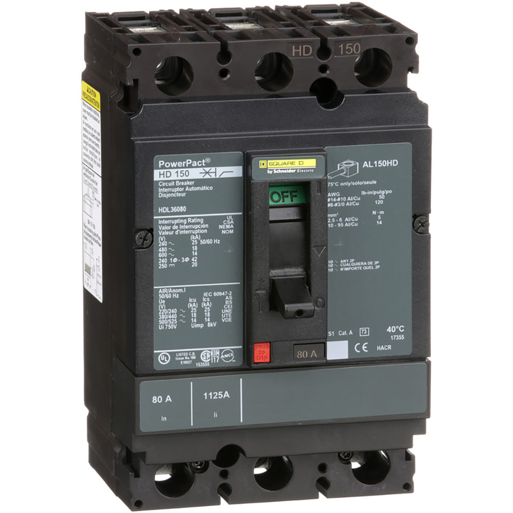 Square D HDL36080 Circuit Breaker | 600V 80A 3P 18kA@480V Bolt-On Powerpact