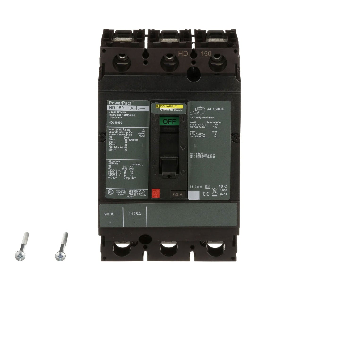 Square D HDL36090 Circuit Breaker | 600V 90A 3P 18kA@480V Feed-Thru Powerpact