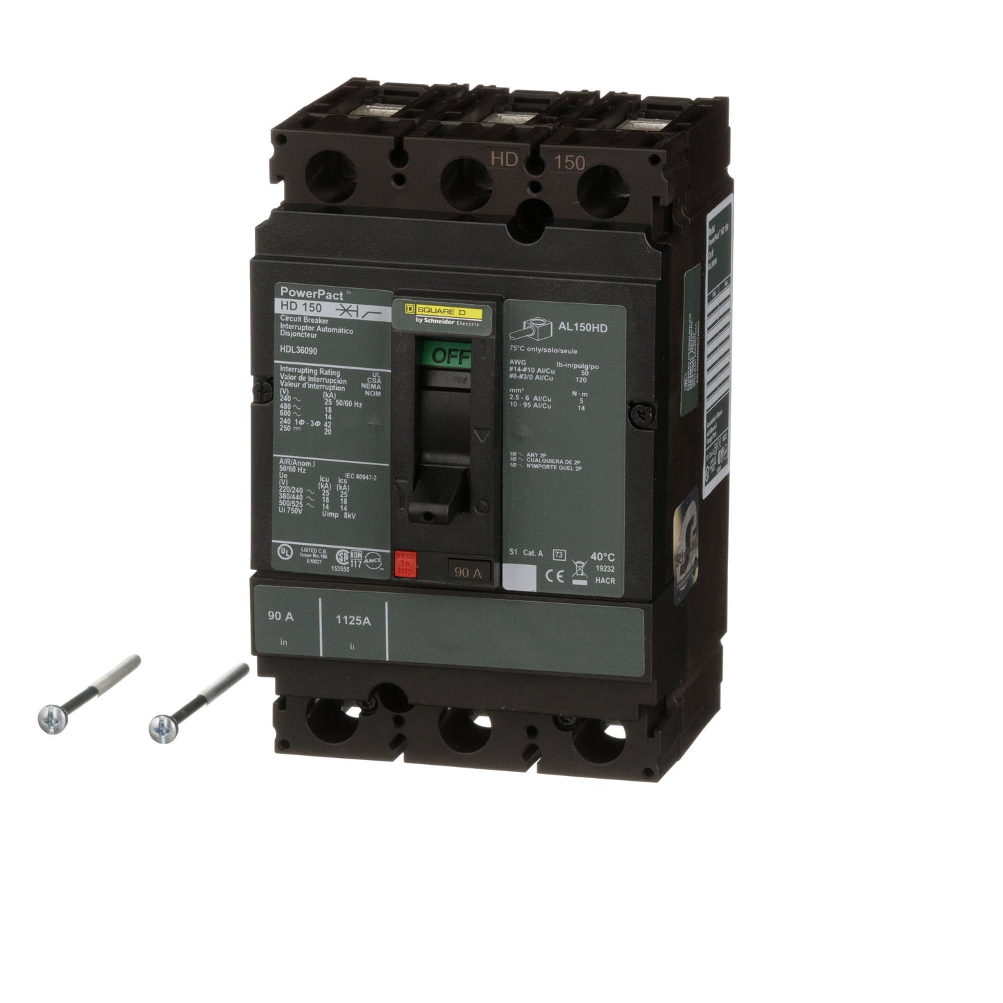 Square D HDL36090 Circuit Breaker | 600V 90A 3P 18kA@480V Feed-Thru Powerpact
