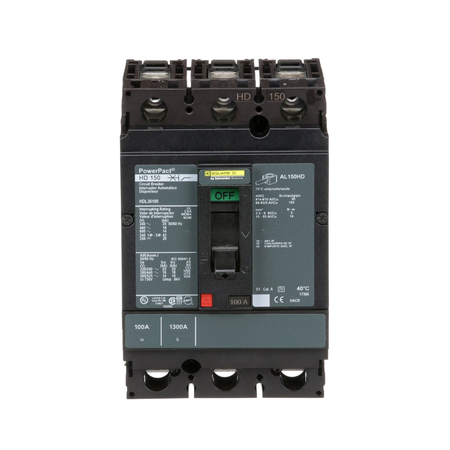 Square D HDL36100 Circuit Breaker | 600V 100A 3P 18kA@480V Bolt-On Powerpact