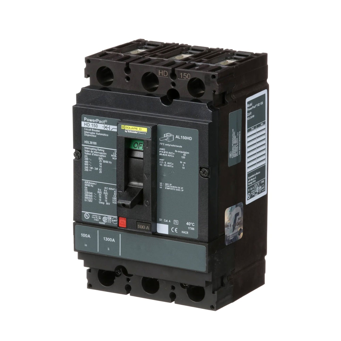 Square D HDL36100 Circuit Breaker | 600V 100A 3P 18kA@480V Bolt-On Powerpact