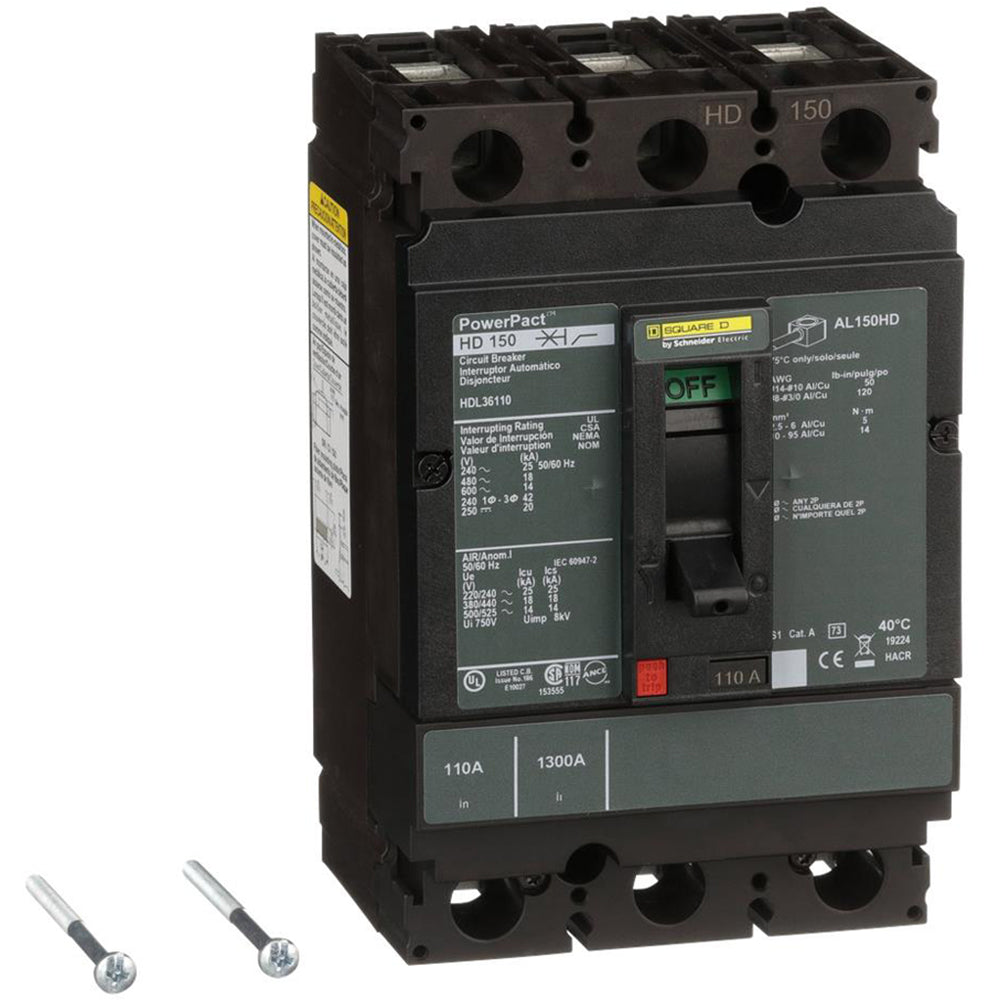 Square D HDL36110 Circuit Breaker | 600V 110A 3P 18kA@480V Feed-Thru Powerpact