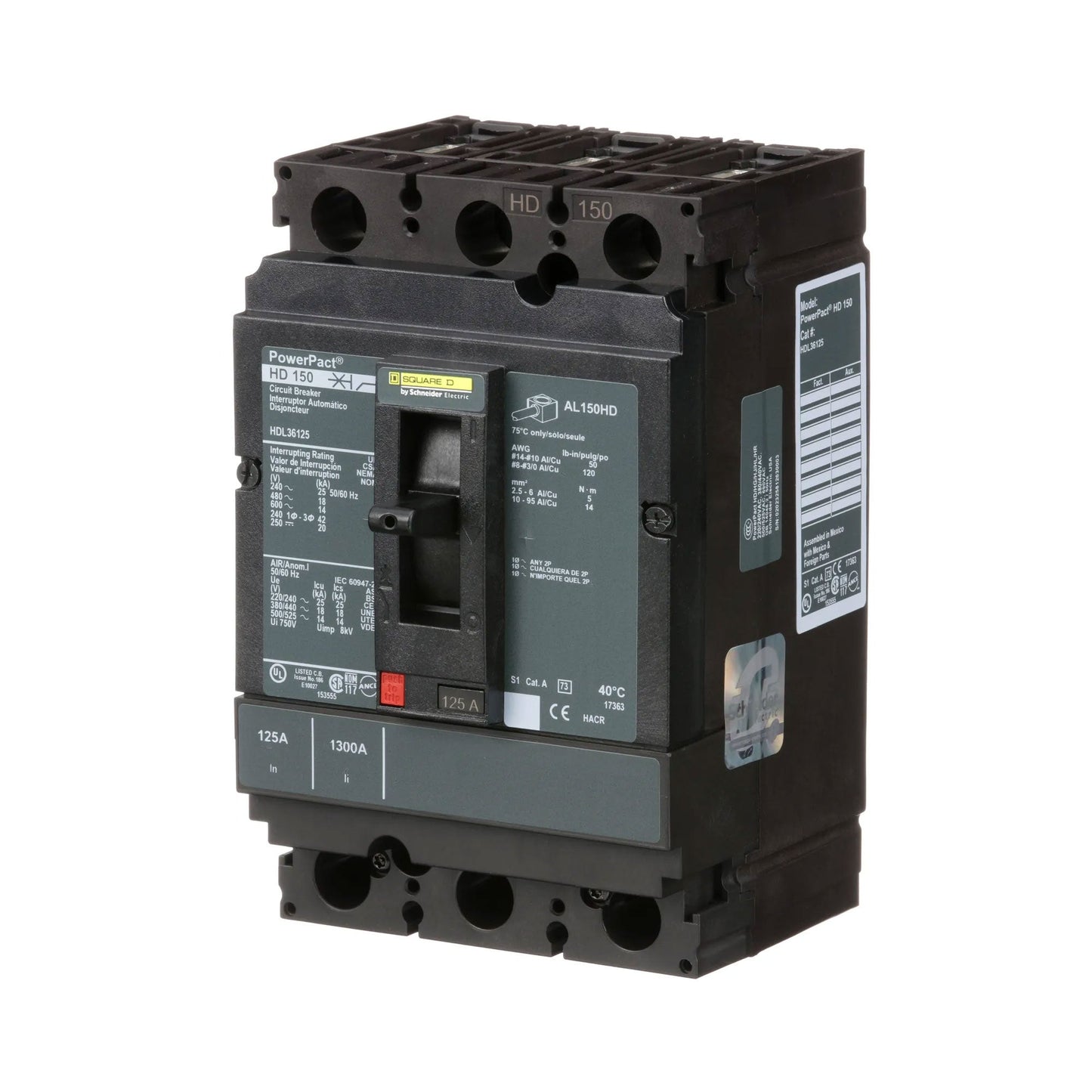 Square D HDL36125 Circuit Breaker | 600V 125A 3P 18kA@480V Feed-Thru Powerpact