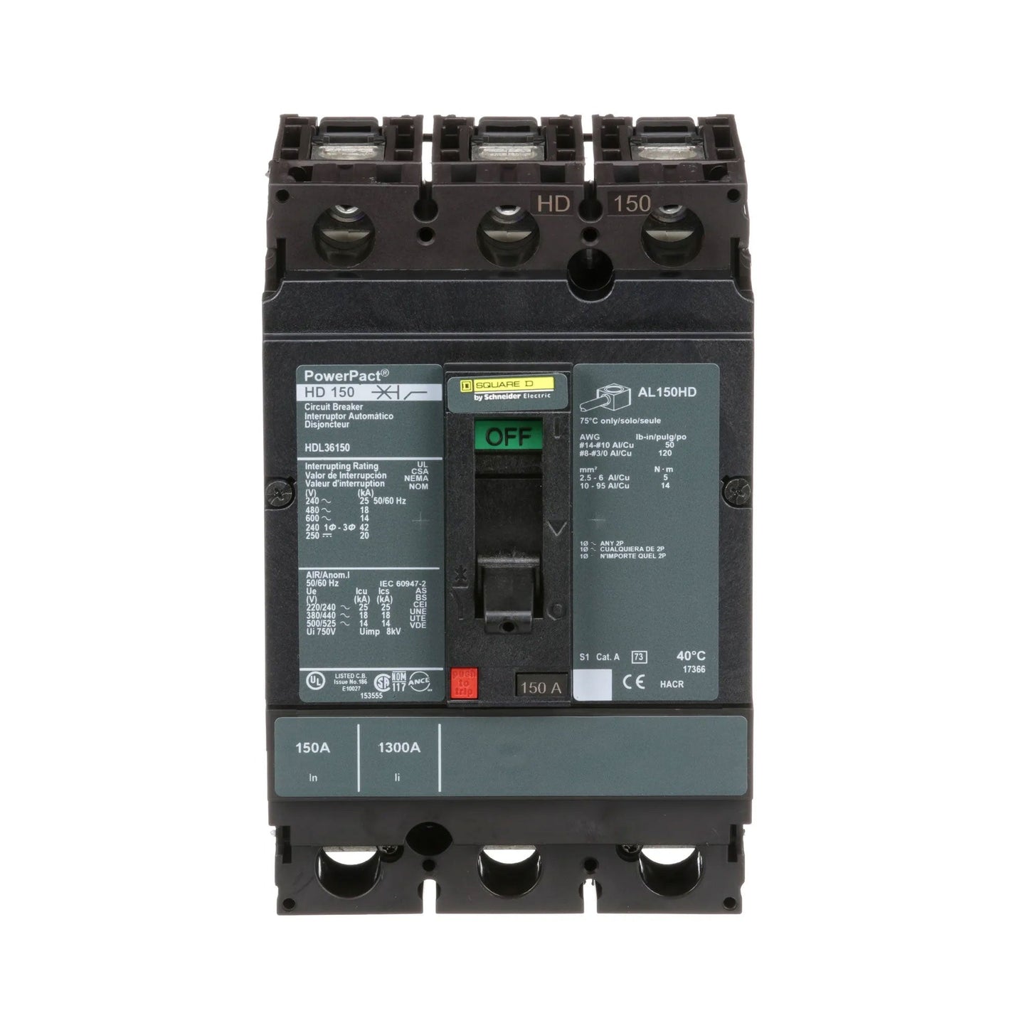 Square D HDL36150 Circuit Breaker | 600V 150A 3P 18kA@480V Feed-Thru Powerpact HDL
