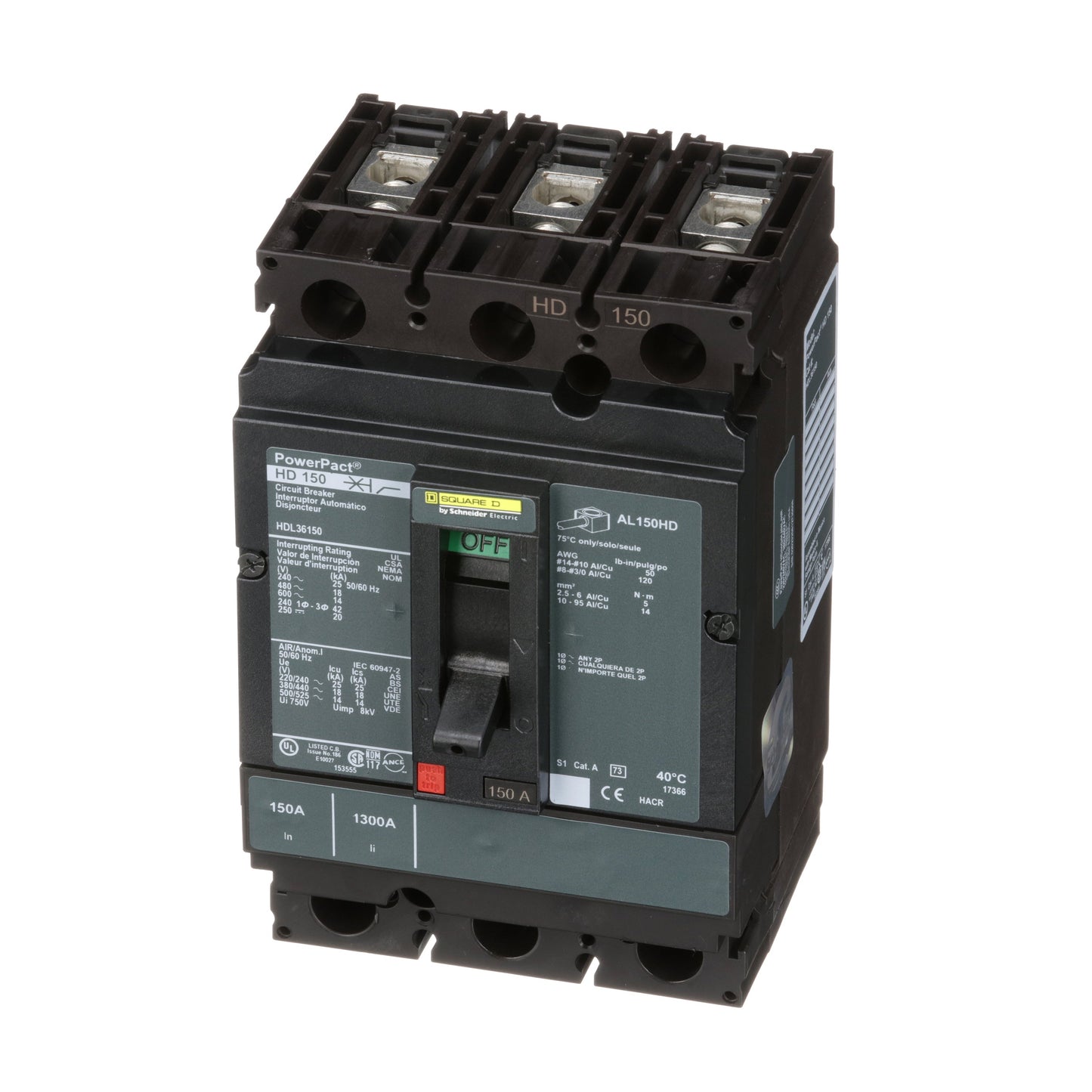 Square D HDL36150 Circuit Breaker | 600V 150A 3P 18kA@480V Feed-Thru Powerpact HDL