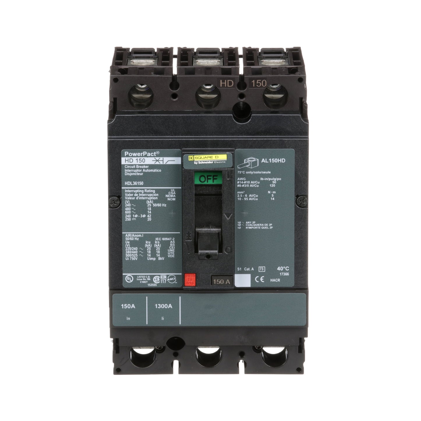 Square D HDL36150 Circuit Breaker | 600V 150A 3P 18kA@480V Feed-Thru Powerpact HDL