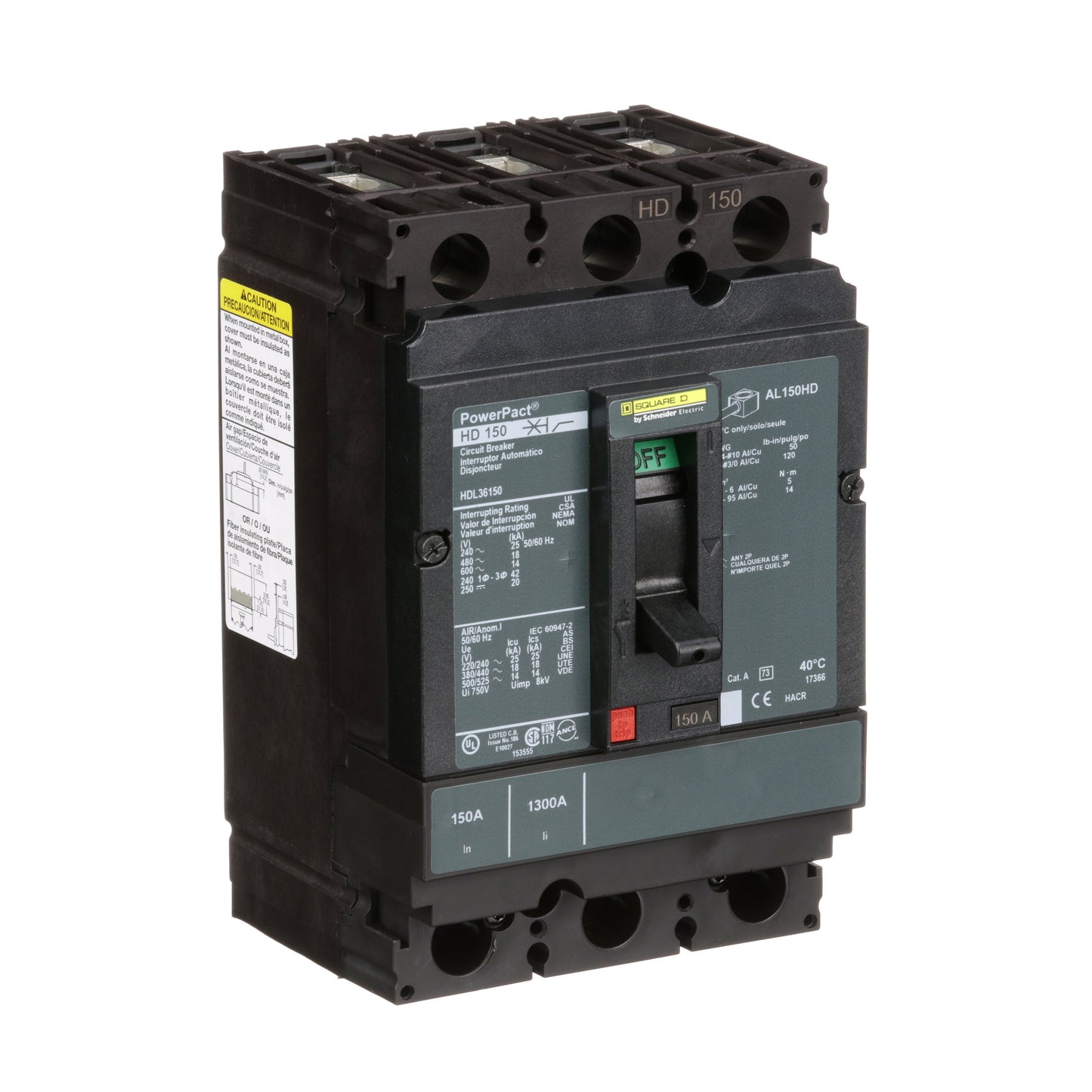 Square D HDL36150 Circuit Breaker | 600V 150A 3P 18kA@480V Feed-Thru Powerpact HDL