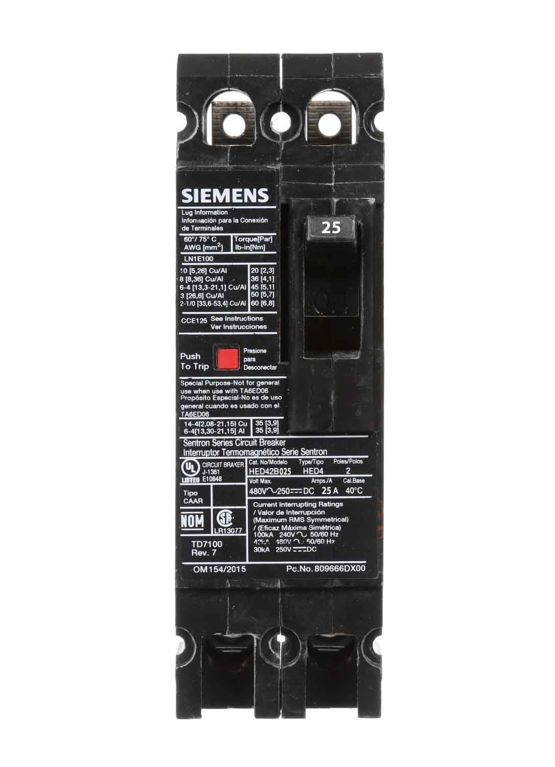 Siemens HED42B025L Circuit Breaker | 480V 25A 2P 42kA@480V Feed-Thru Sentron Series