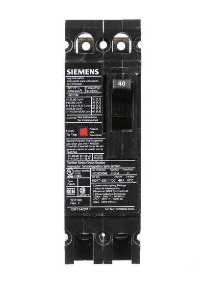 Siemens HED42B040L Circuit Breaker | 480V 40A 2P 42kA@480V Feed-Thru Sentron Series