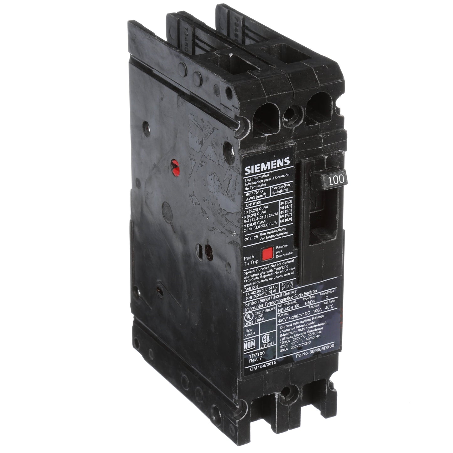 Siemens HED42B100 Molded Case Circuit Breaker | 480V 100A 2P 42kA@480V Lug In Panelboard Sentron Series