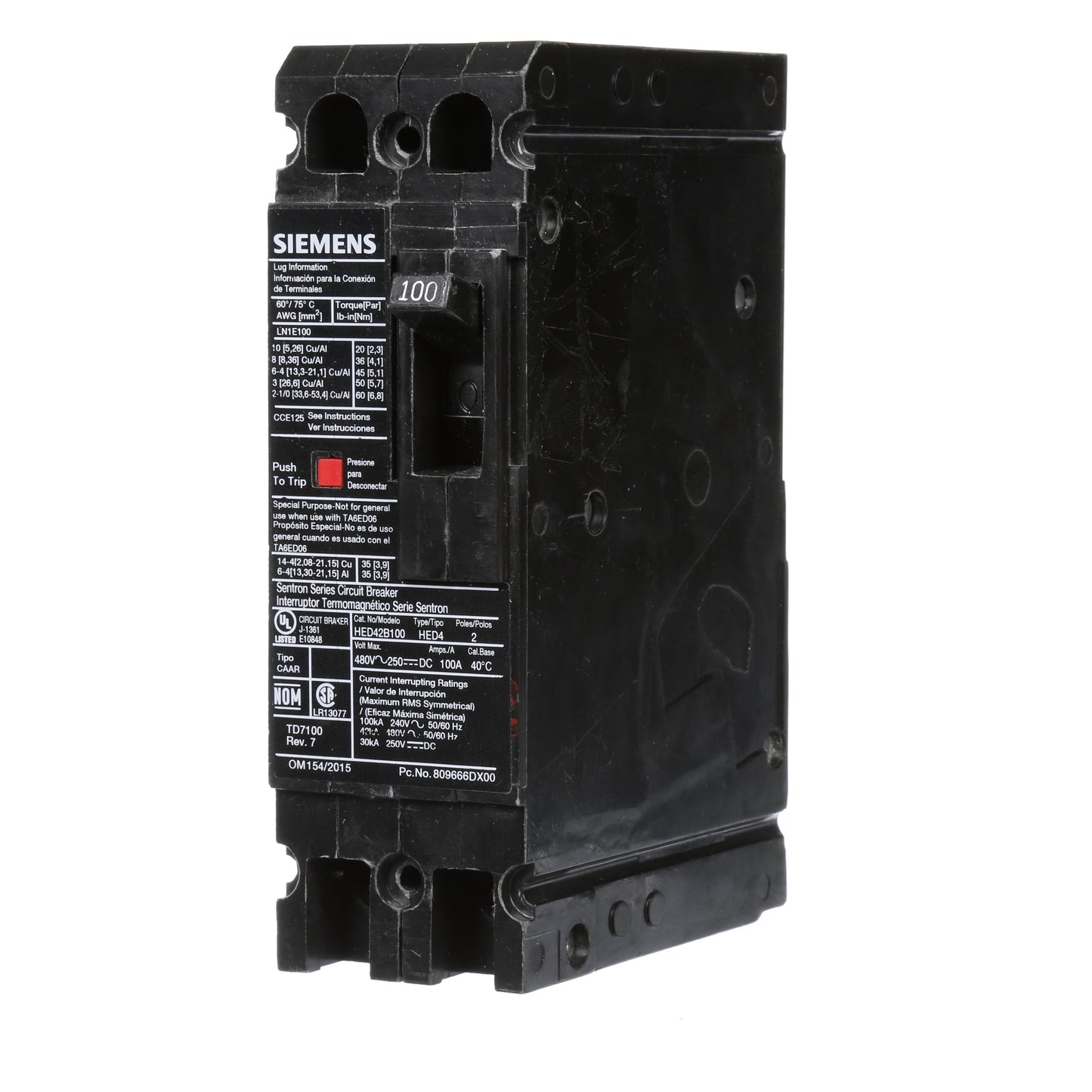 Siemens HED42B100 Molded Case Circuit Breaker | 480V 100A 2P 42kA@480V Lug In Panelboard Sentron Series