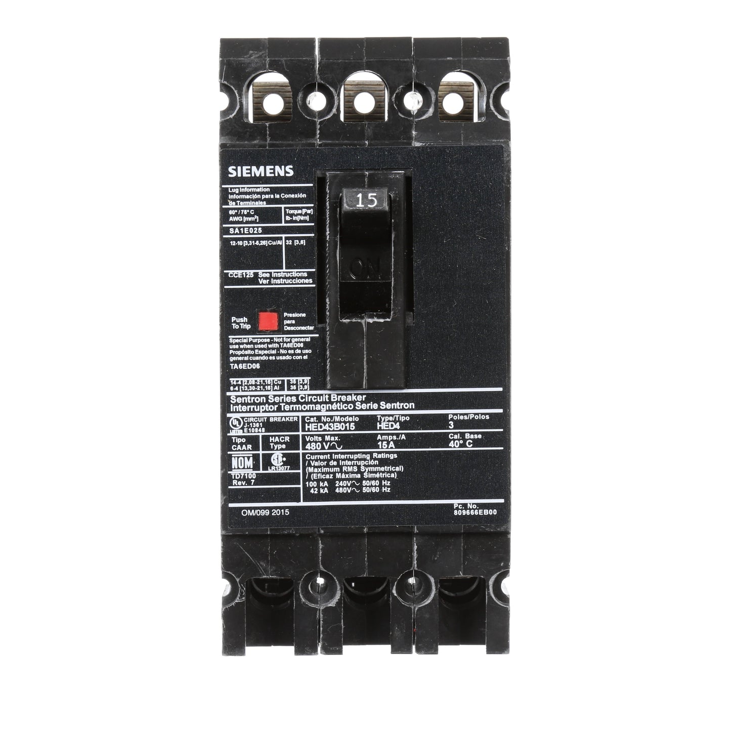 Siemens HED43B015 Circuit Breaker | 480V 15A 3P 42kA@480V Sentron Series