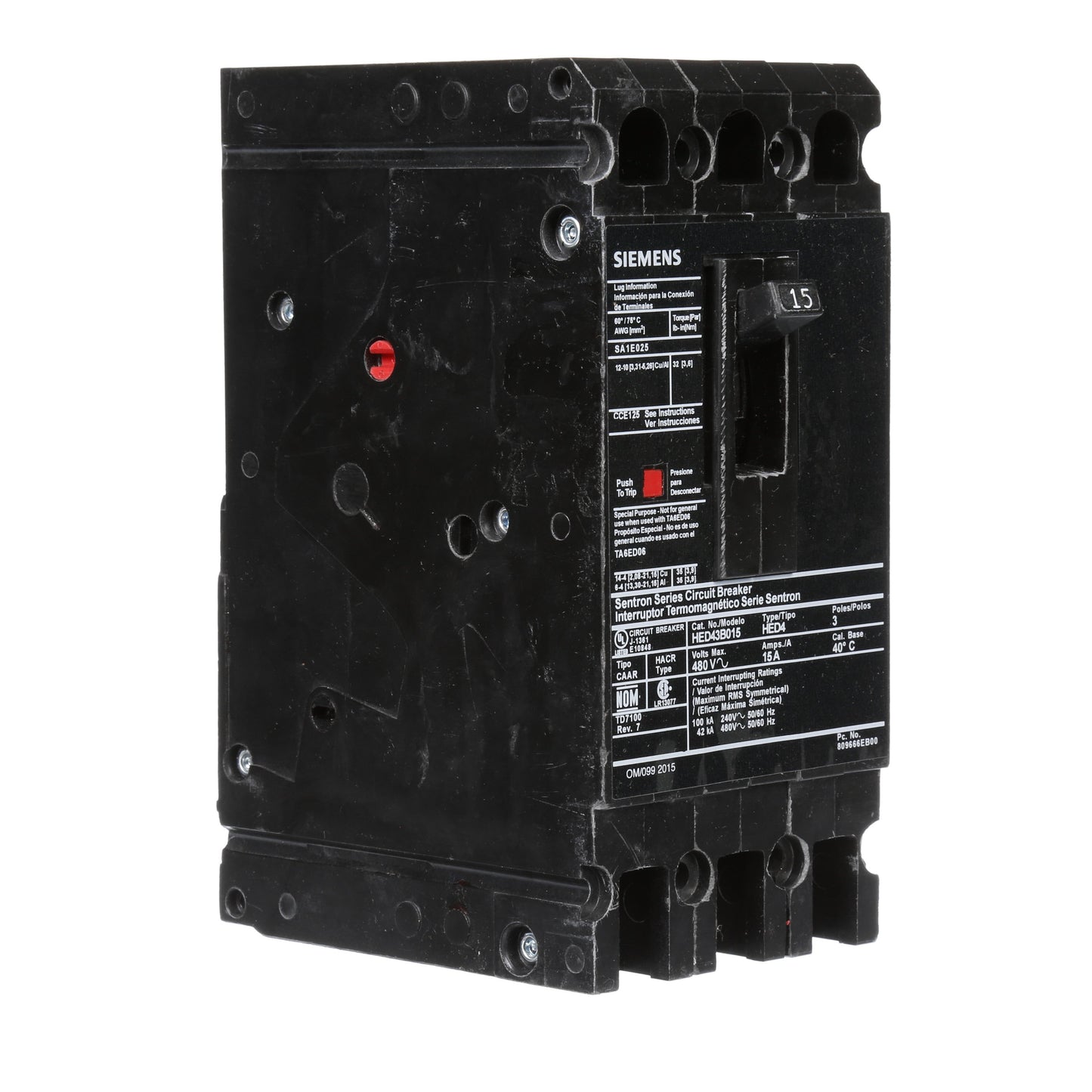 Siemens HED43B015 Circuit Breaker | 480V 15A 3P 42kA@480V Sentron Series
