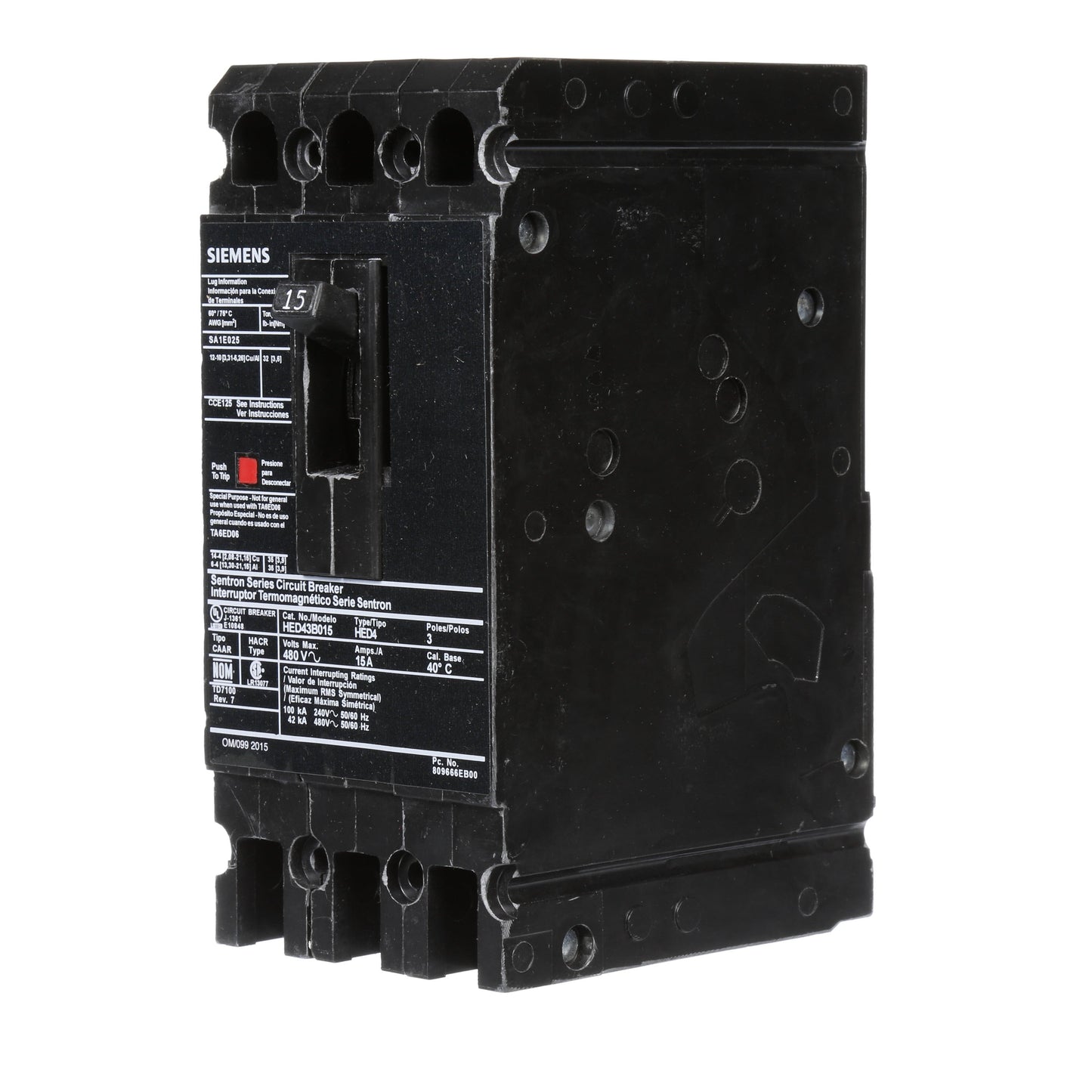Siemens HED43B015 Circuit Breaker | 480V 15A 3P 42kA@480V Sentron Series