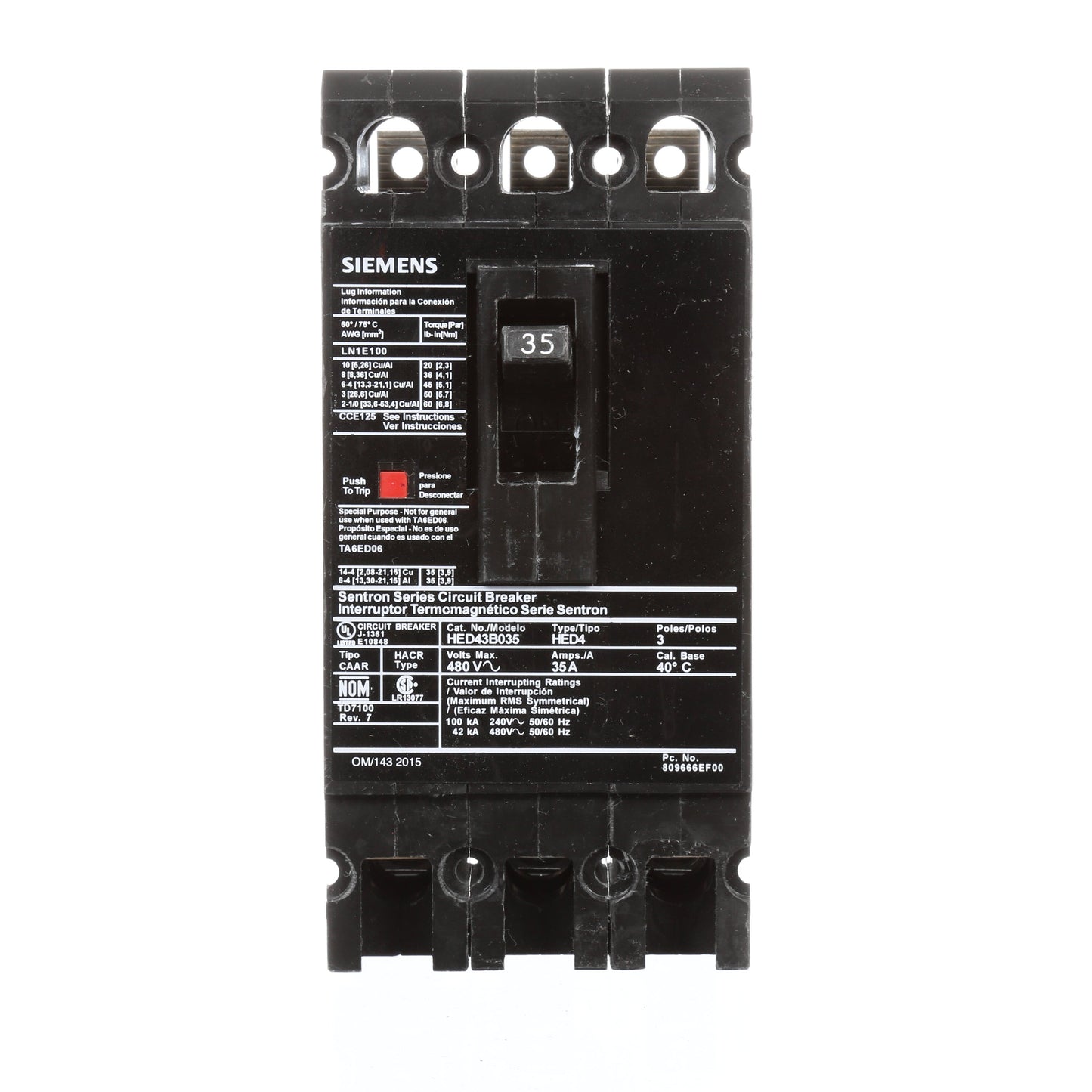 Siemens HED43B035 Molded Case Circuit Breaker | 480V 45A 3P 42kA@480V Lug In Panelboard Sentron Series