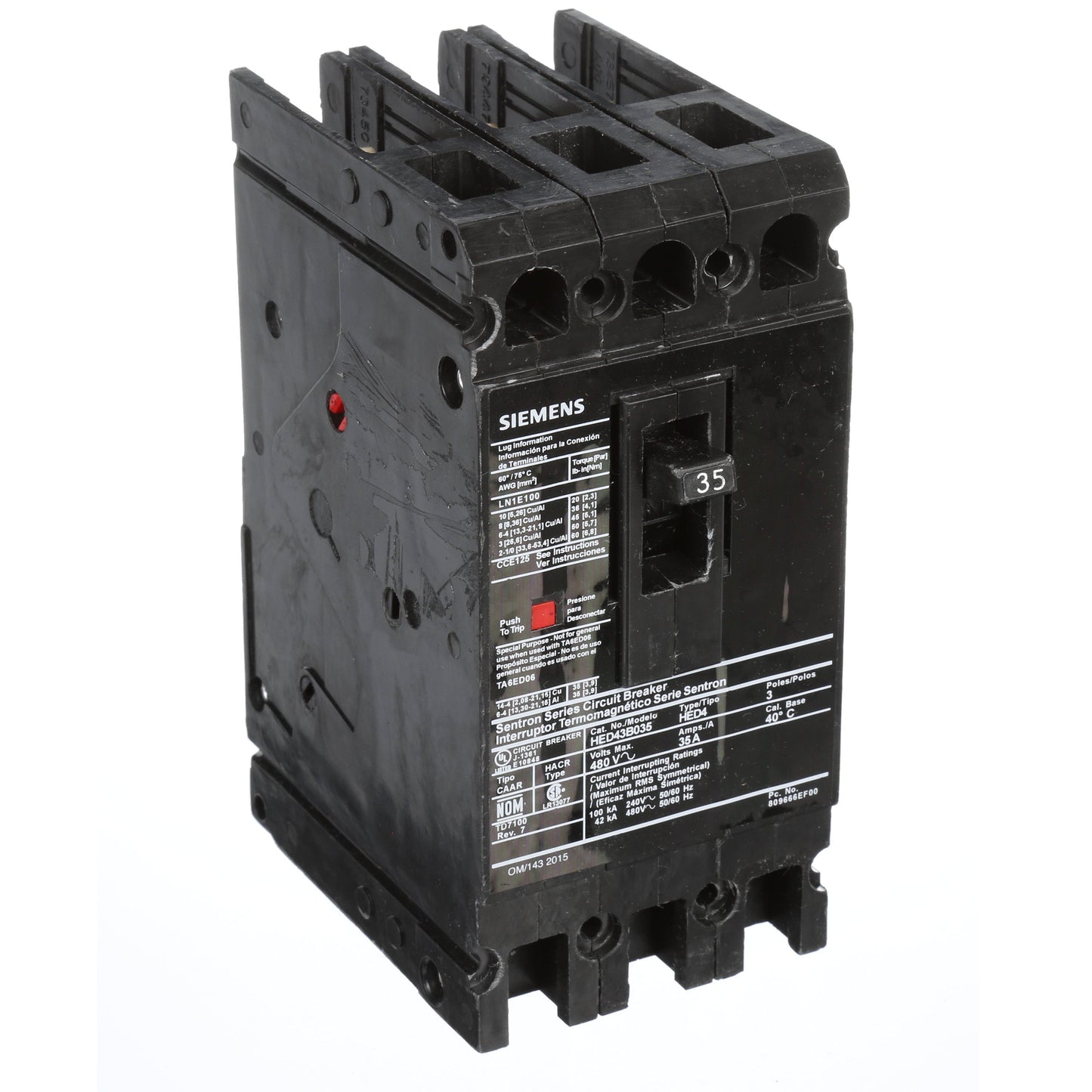Siemens HED43B035 Molded Case Circuit Breaker | 480V 45A 3P 42kA@480V Lug In Panelboard Sentron Series