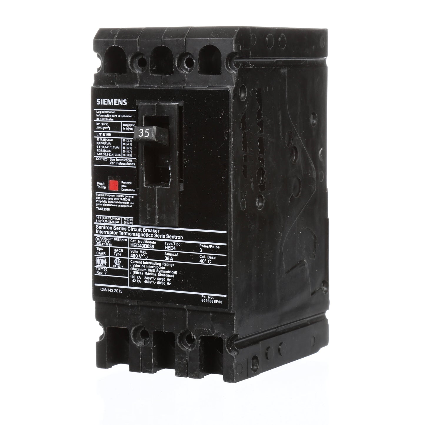 Siemens HED43B035 Molded Case Circuit Breaker | 480V 45A 3P 42kA@480V Lug In Panelboard Sentron Series