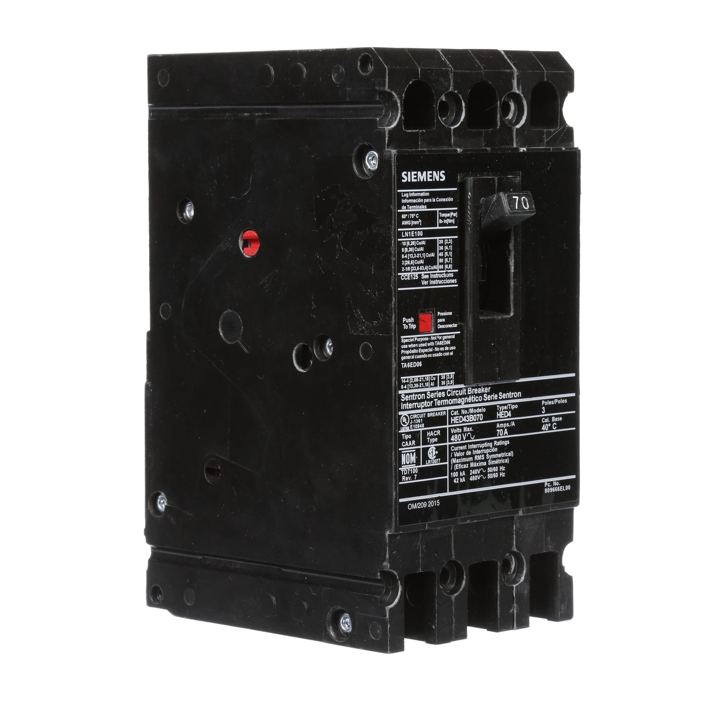 Siemens HED43B070 Molded Case Circuit Breaker | 480V 70A 3P 42kA@480V Lug In Panelboard Sentron Series