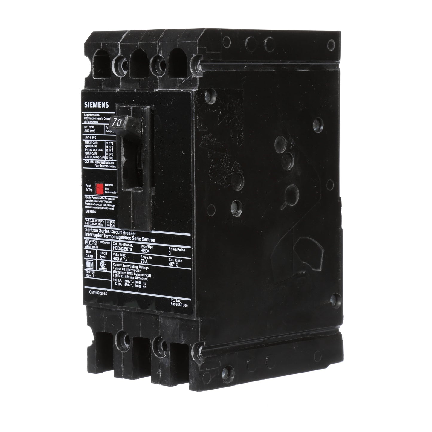 Siemens HED43B070 Molded Case Circuit Breaker | 480V 70A 3P 42kA@480V Lug In Panelboard Sentron Series