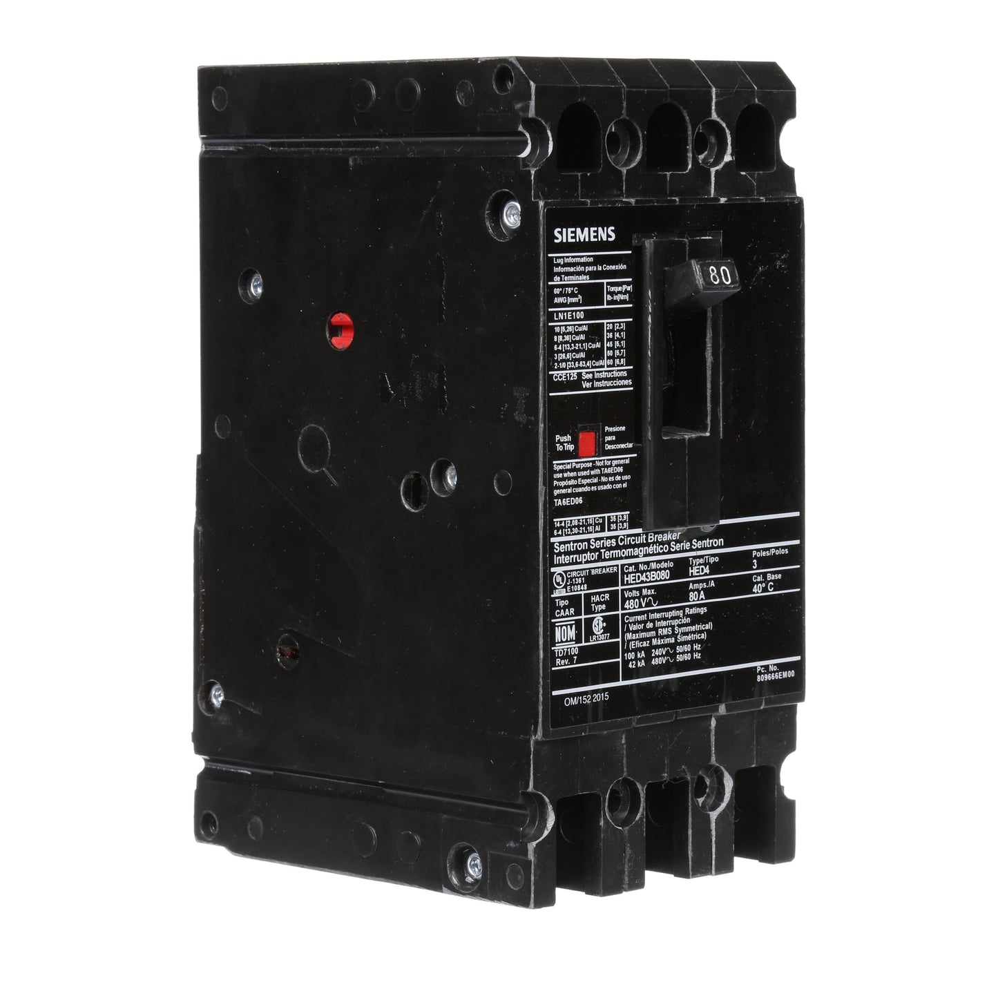 Siemens HED43B080 Circuit Breaker | 480V 80A 3P 42kA@480V Lug In Panelboard Sentron Series