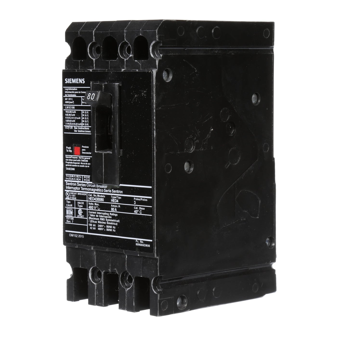 Siemens HED43B080 Circuit Breaker | 480V 80A 3P 42kA@480V Lug In Panelboard Sentron Series