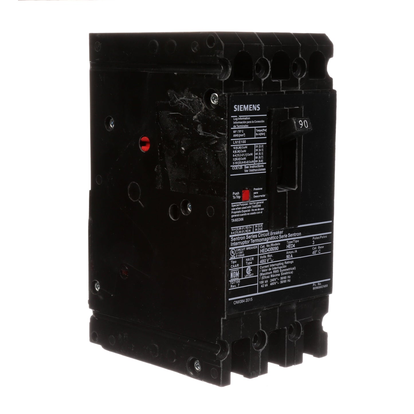 Siemens HED43B090 Molded Case Circuit Breaker | 480V 90A 3P 42kA@480V Lug In Panelboard Sentron Series