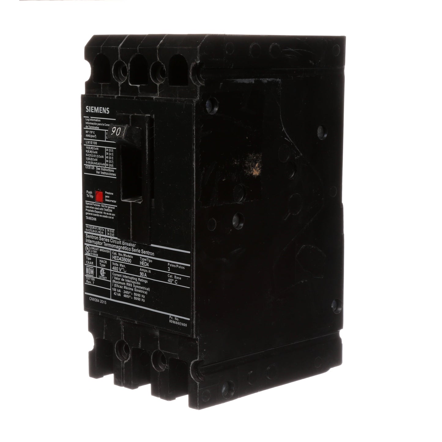 Siemens HED43B090 Molded Case Circuit Breaker | 480V 90A 3P 42kA@480V Lug In Panelboard Sentron Series