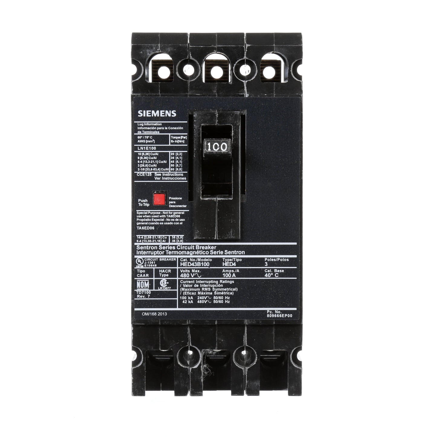 Siemens HED43B100 Molded Case Circuit Breaker | 480V 100A 3P 42kA@480V Lug In Panelboard Sentron Series