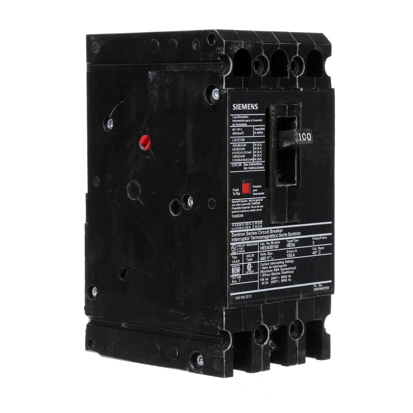 Siemens HED43B100 Molded Case Circuit Breaker | 480V 100A 3P 42kA@480V Lug In Panelboard Sentron Series