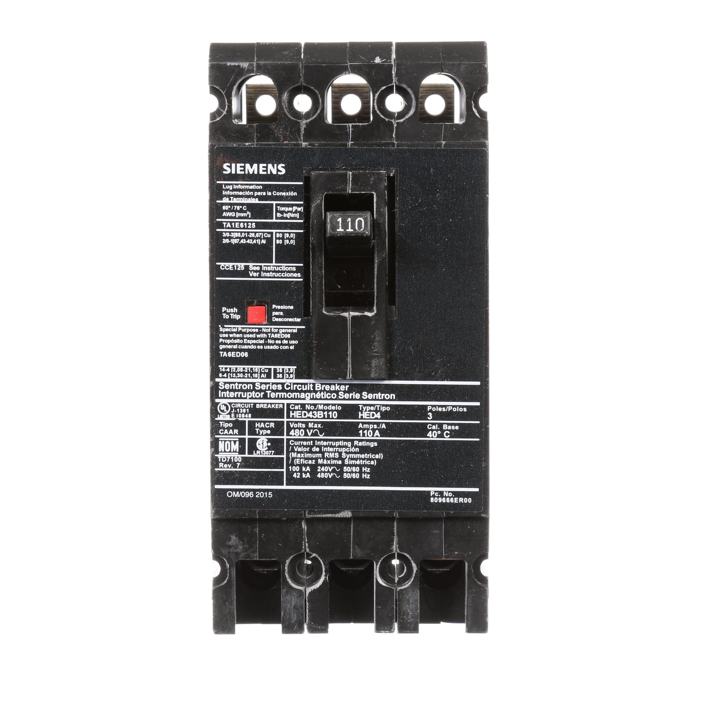 Siemens HED43B110 Circuit Breaker | 480V 110A 3P 42kA@480V Lug In Panelboard Sentron Series
