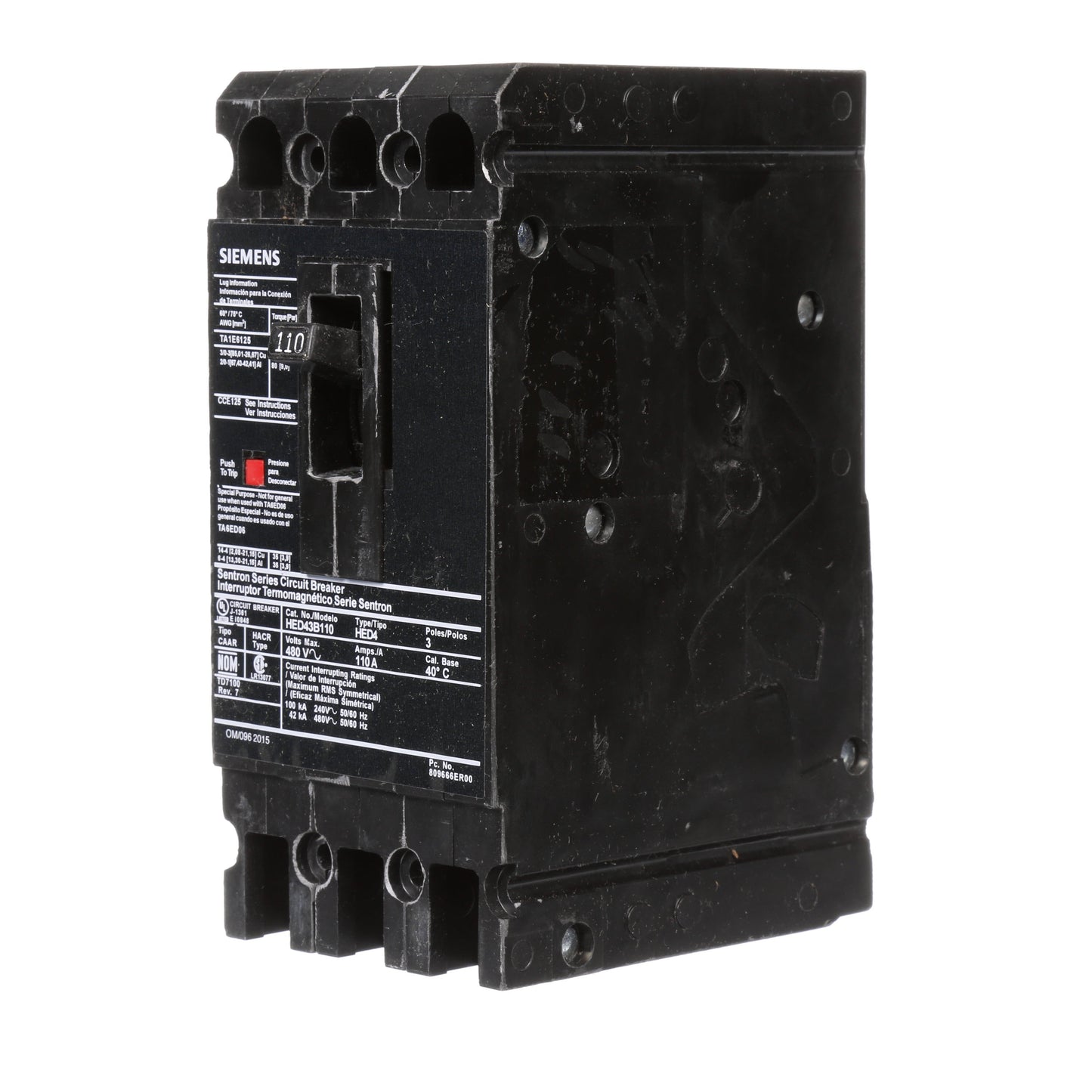 Siemens HED43B110 Circuit Breaker | 480V 110A 3P 42kA@480V Lug In Panelboard Sentron Series