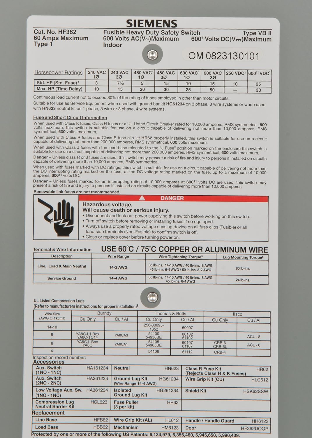 Siemens HF362 Disconnect | 600V AC 60A 3P 3Pole Fusible 200kA@600V VBII Series