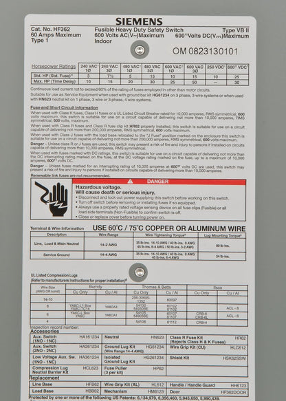 Siemens HF362 Disconnect | 600V AC 60A 3P 3Pole Fusible 200kA@600V VBII Series