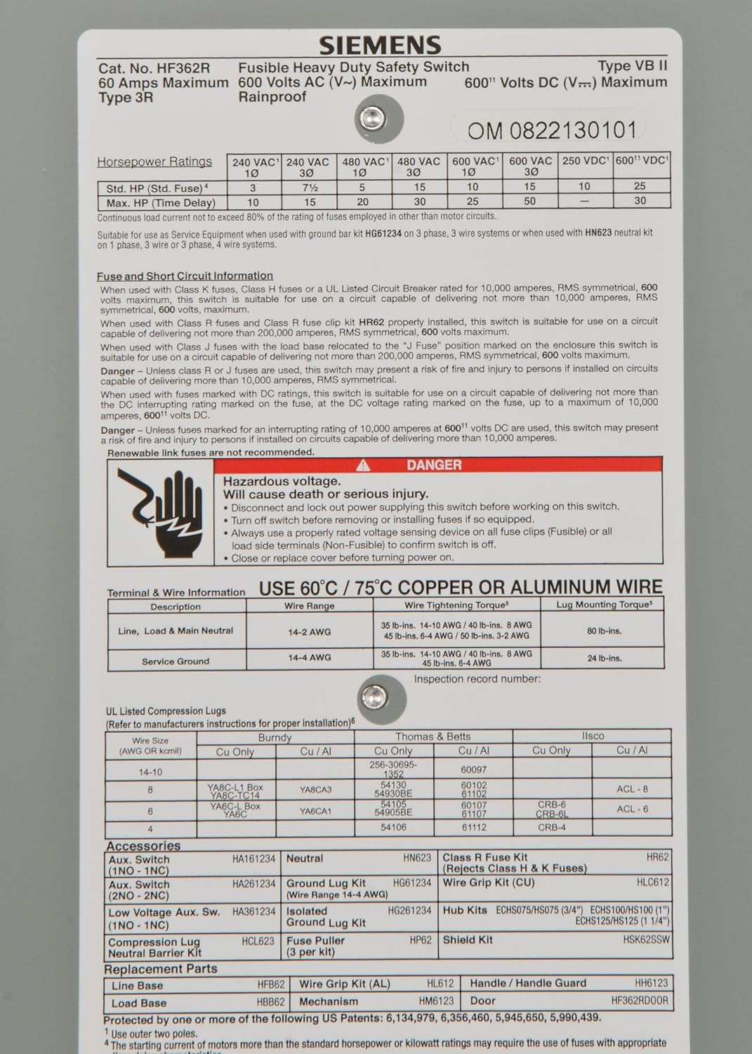 Siemens HF362R Disconnect Switch 600V AC 60A Fusible 3P 3R VBII Series