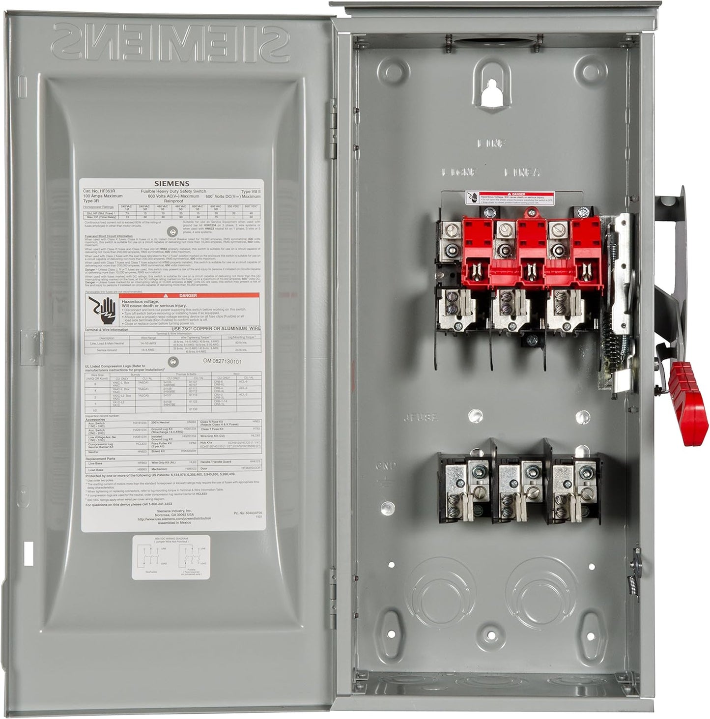 Siemens HF363R Disconnect Switch 600V AC 100A Fusible 3Pole 3Phase VBII Series