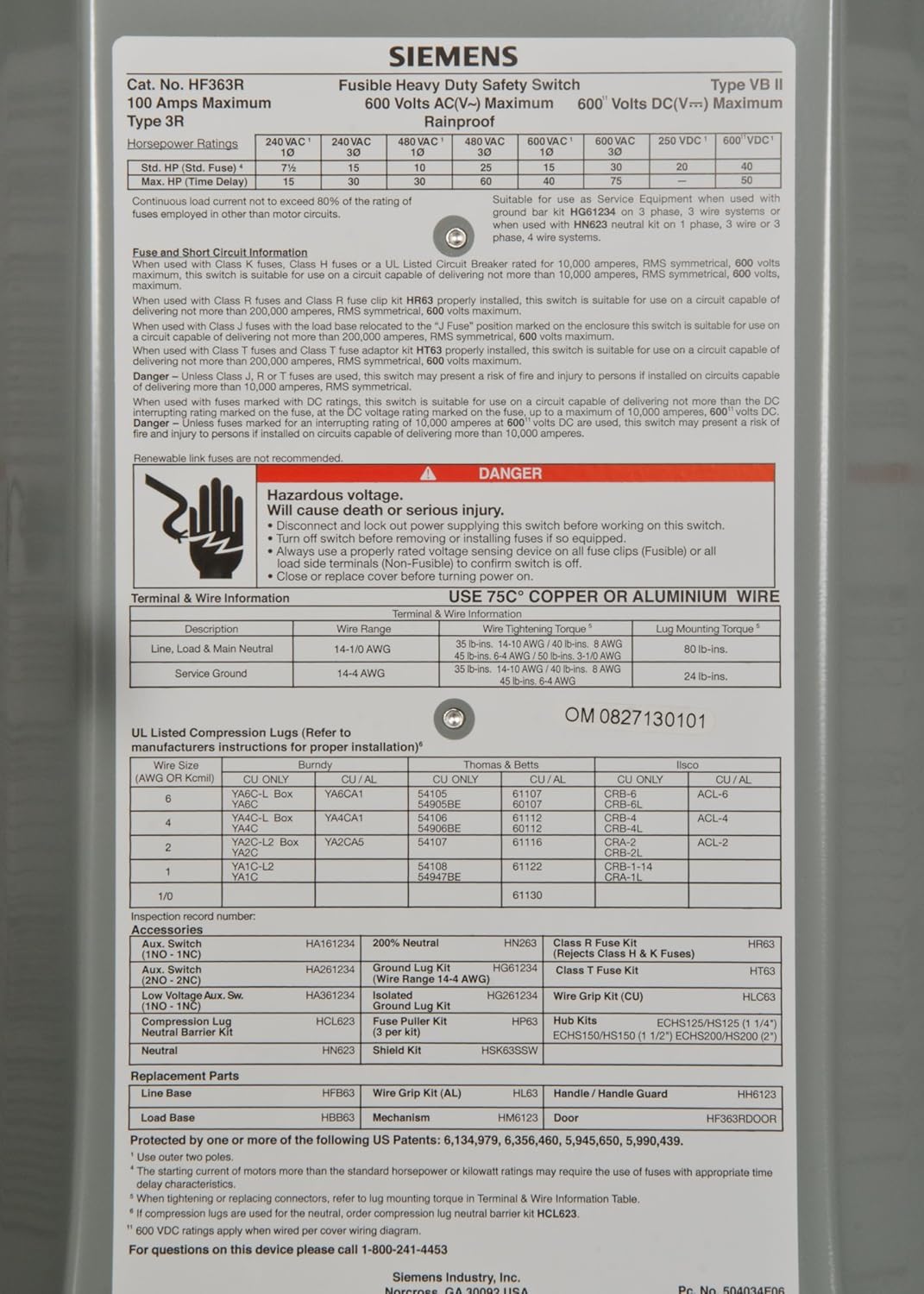 Siemens HF363R Disconnect Switch 600V AC 100A Fusible 3Pole 3Phase VBII Series