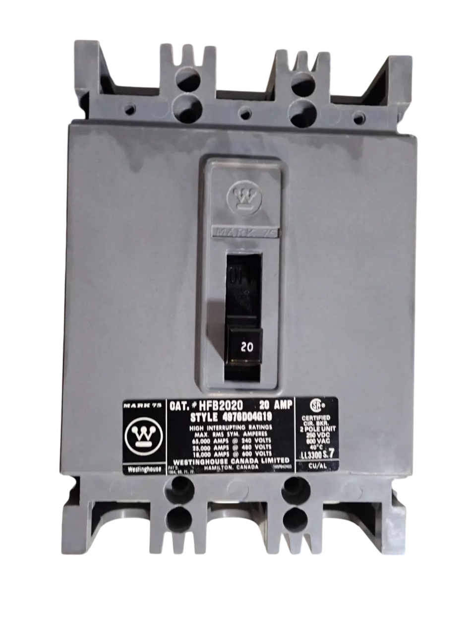 Westinghouse HFB2020 Circuit Breaker | 600V 20A 2P 25kA@480V Bolt-On MARK 75