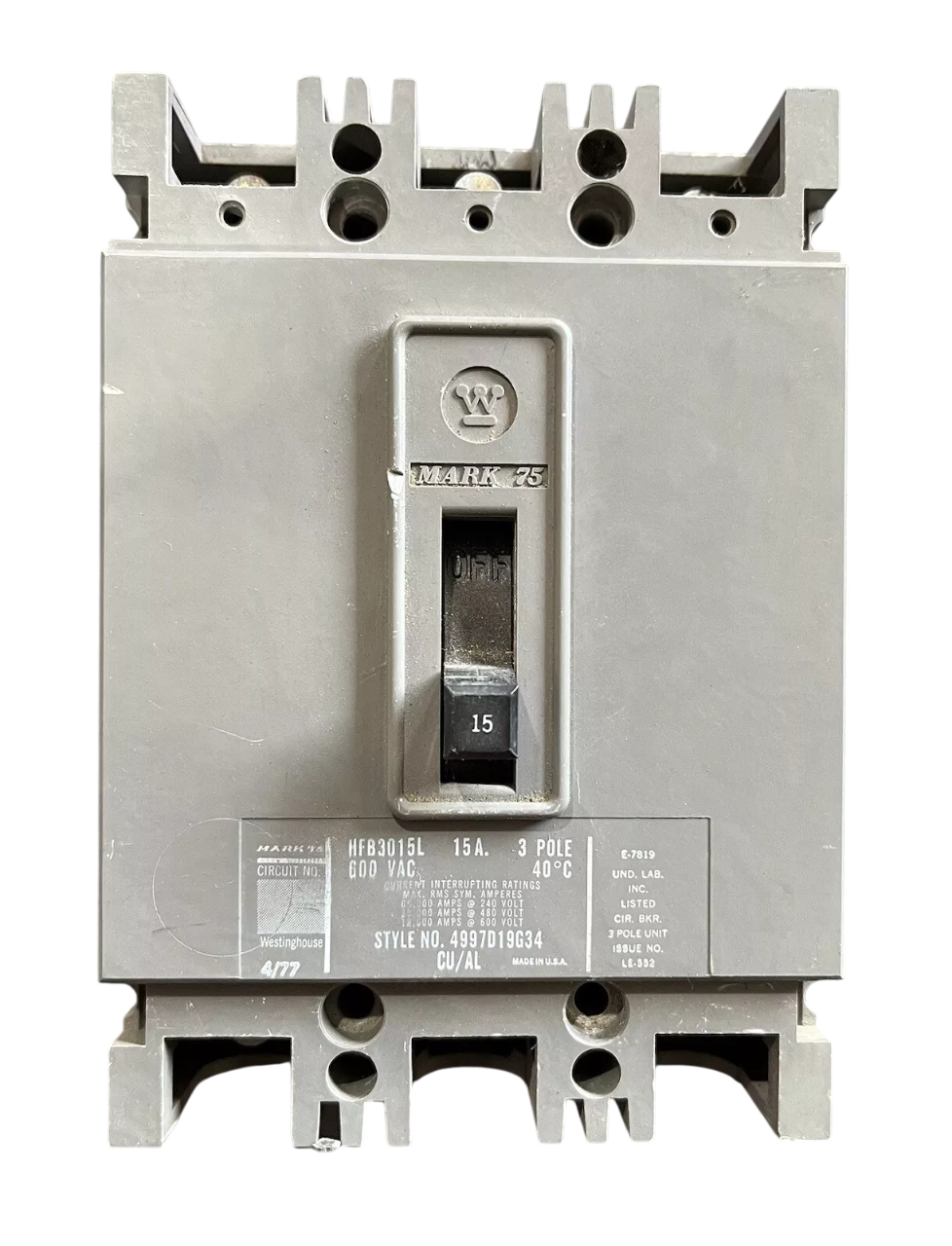 Westinghouse HFB3015 Molded Case Circuit Breaker | 600V 15A 3P 25kA@480V Bolt-On MARK 75