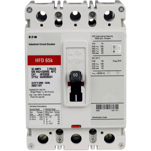 Eaton HFD3020BP10 Circuit Breaker | 20A 600Vac 250Vdc 3P C Series