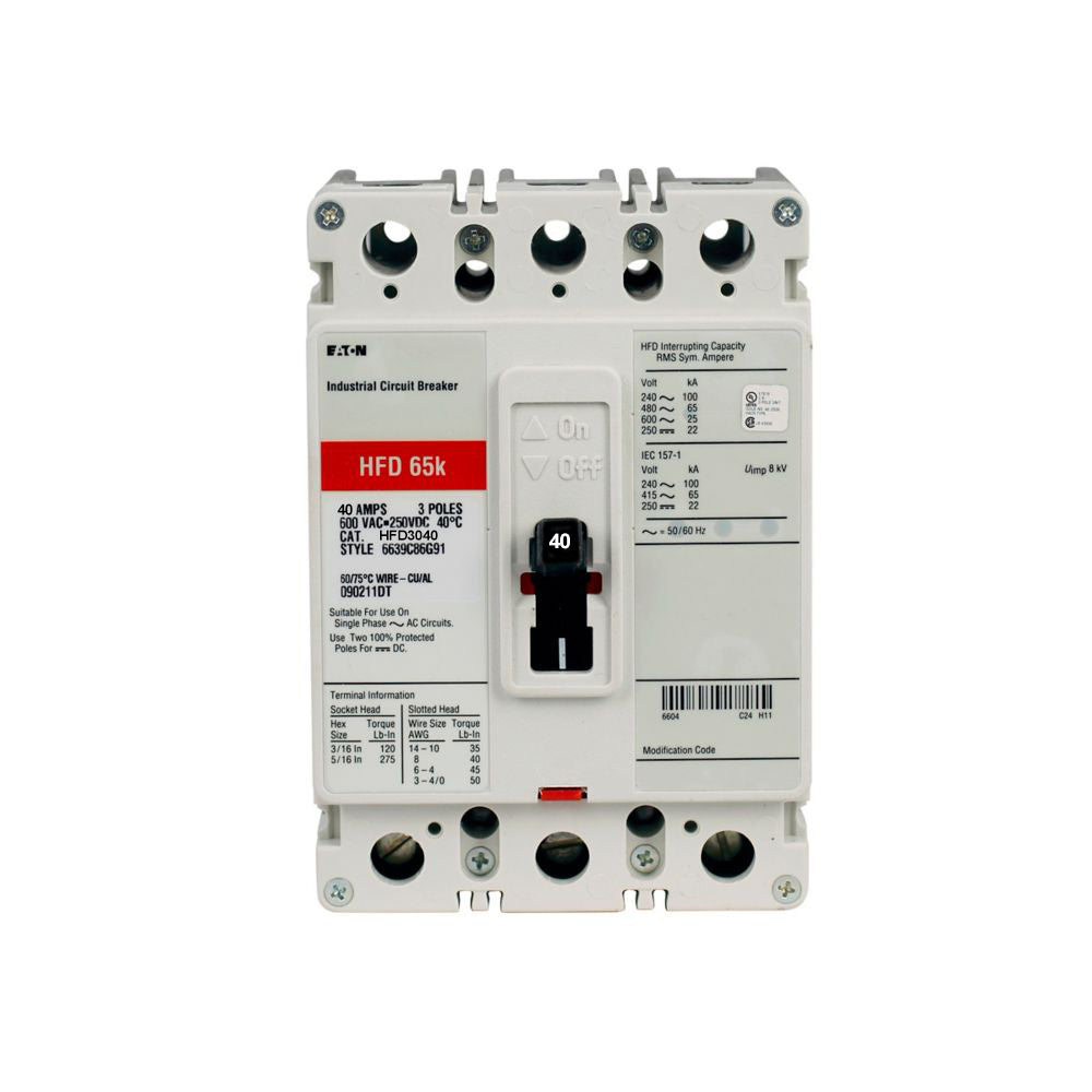 Eaton HFD3040 Circuit Breaker | 600V 40A 3P 65kA@480V Bolt-On Series C