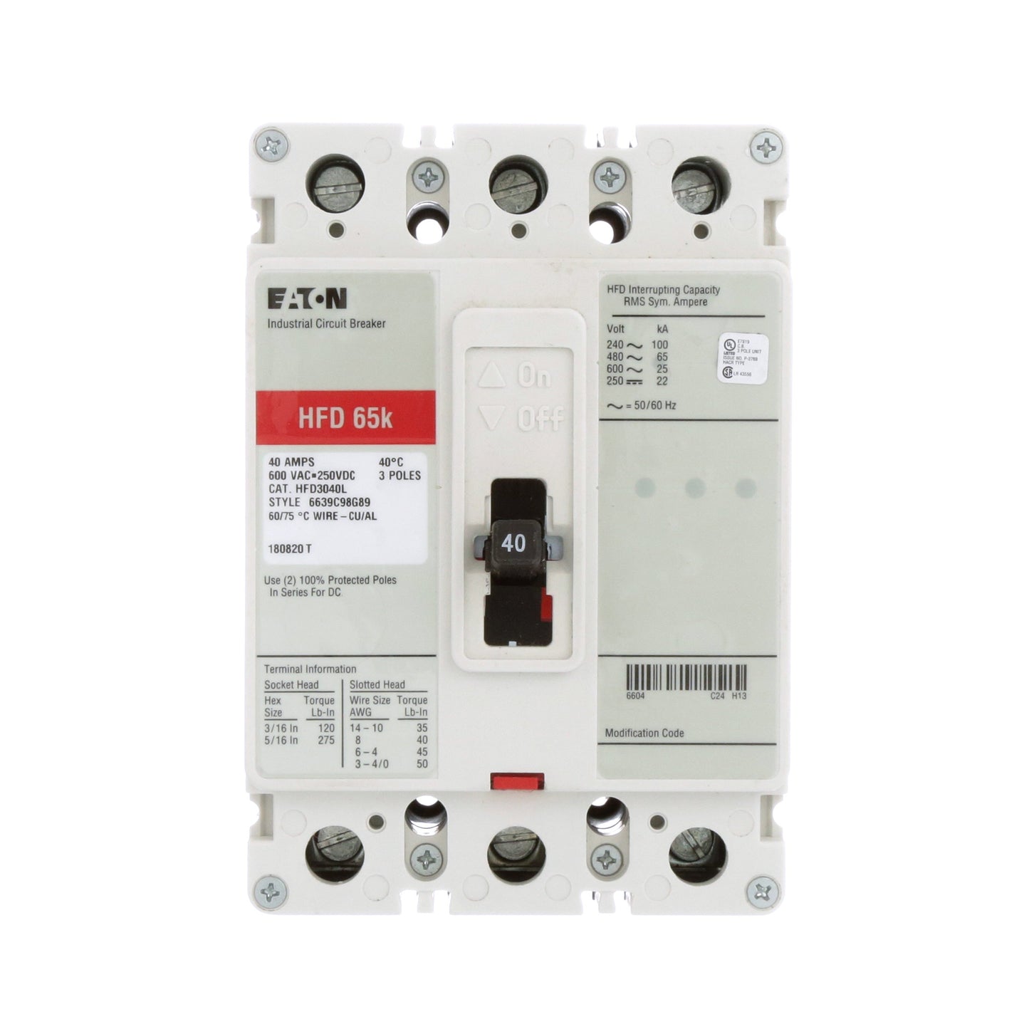 Cutler Hammer HFD3040L Circuit Breaker | 600V 40A 3P 65kA@480V Feed-Thru Series C